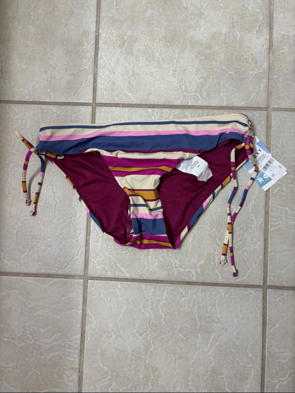 Roxy Striped Tie-Side Bikini Bottom - Burgundy, Navy & Cream